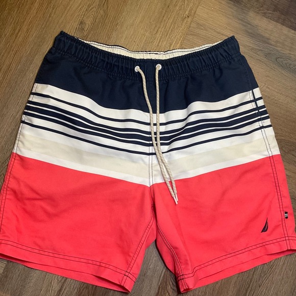 Nautica Mens Swim Trunks‎ Coral Blue White Striped Size M Shorts Beach Preppy - Picture 1 of 7